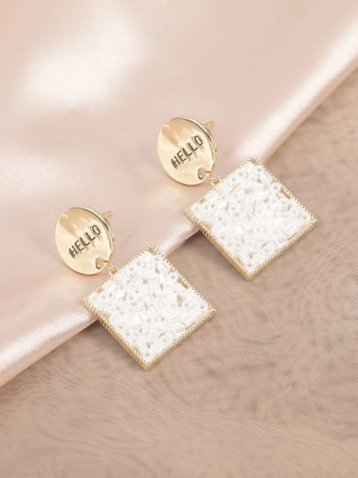 Golden White Bead Brass Glass Stone White Square Classic Drop Earring