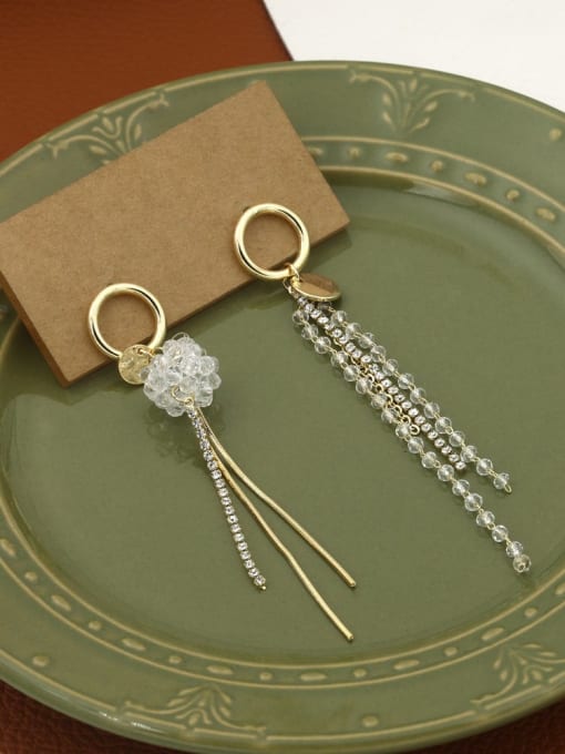 Gold Brass Crystal White Tassel Minimalist Drop Earring