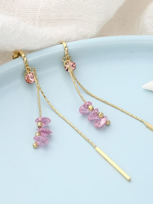 Gold Brass Rhinestone Pink Tassel Minimalist Drop Earring