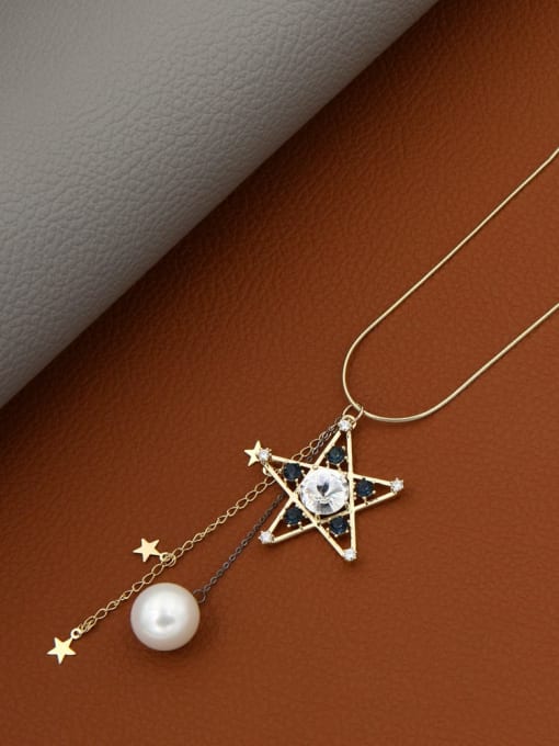 Lin Liang Brass Imitation Pearl White Star Minimalist Long Strand Necklace 2
