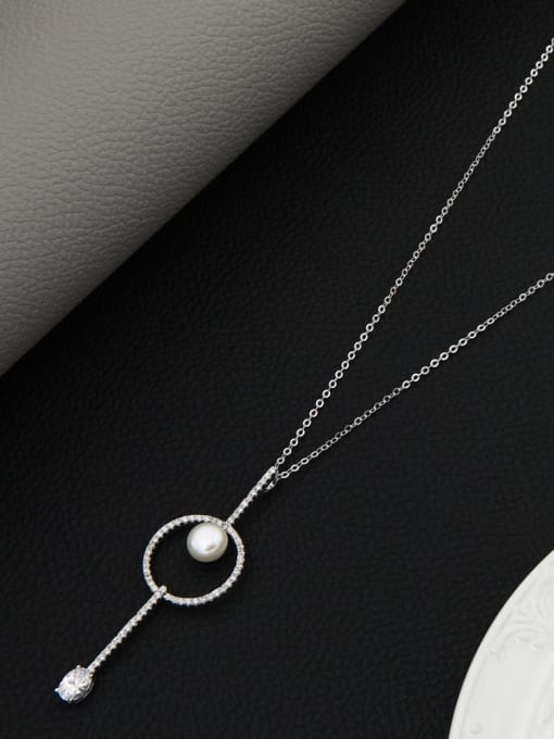 White Brass Imitation Pearl White Key Minimalist Long Strand Necklace