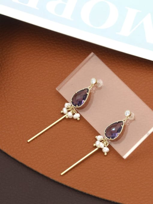 Golden purple Brass Glass Stone Pink Geometric Minimalist Drop Earring