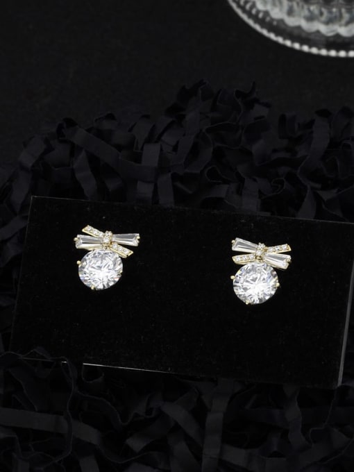 Gold Brass Cubic Zirconia White Bowknot Minimalist Stud Earring