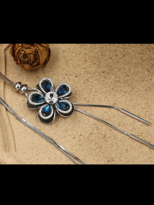 Lin Liang Brass Cubic Zirconia Blue Flower Minimalist Long Strand Necklace 0