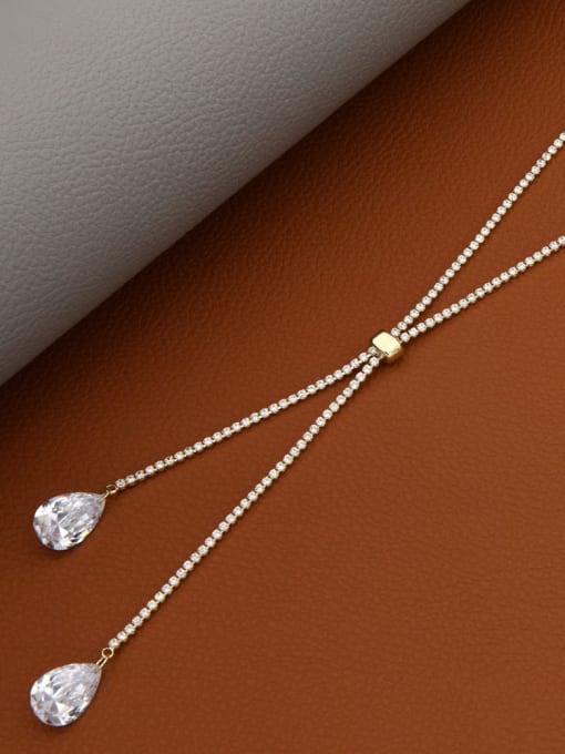 Gold Brass Cubic Zirconia White Water Drop Minimalist Long Strand Necklace