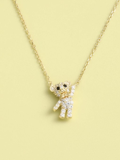 Gold 925 Sterling Silver Cubic Zirconia Pink Bear Minimalist Necklace