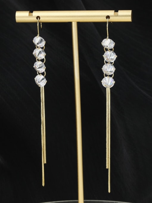 Gold Brass Rhinestone White Tassel Minimalist Drop Earring
