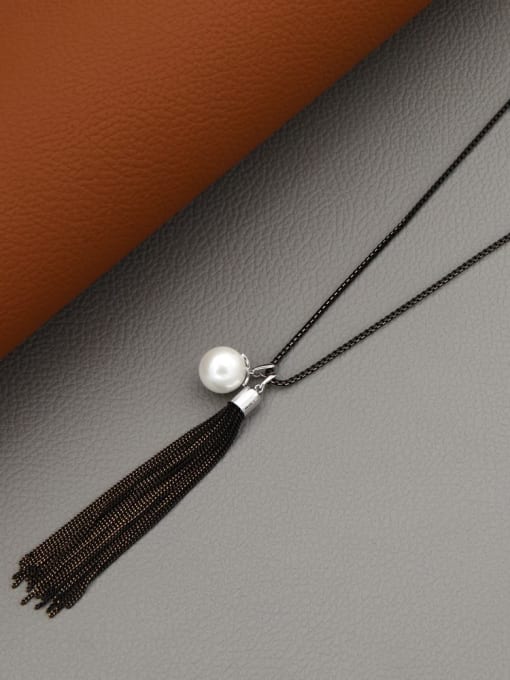 Black Brass Imitation Pearl White Tassel Minimalist Long Strand Necklace