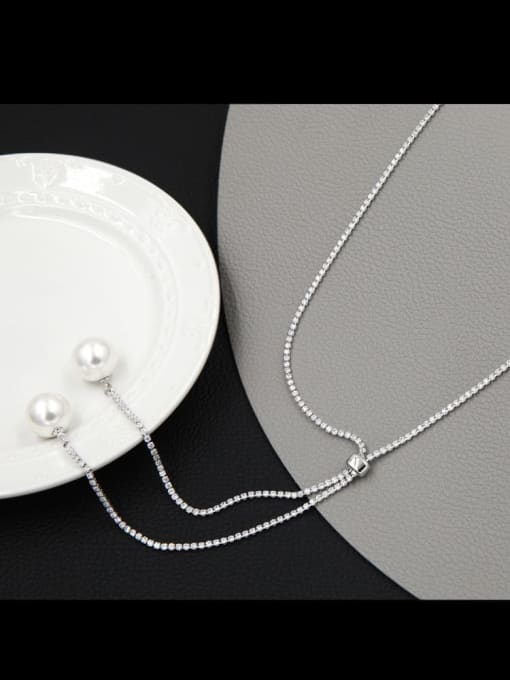White Brass Imitation Pearl White Ball Minimalist Long Strand Necklace
