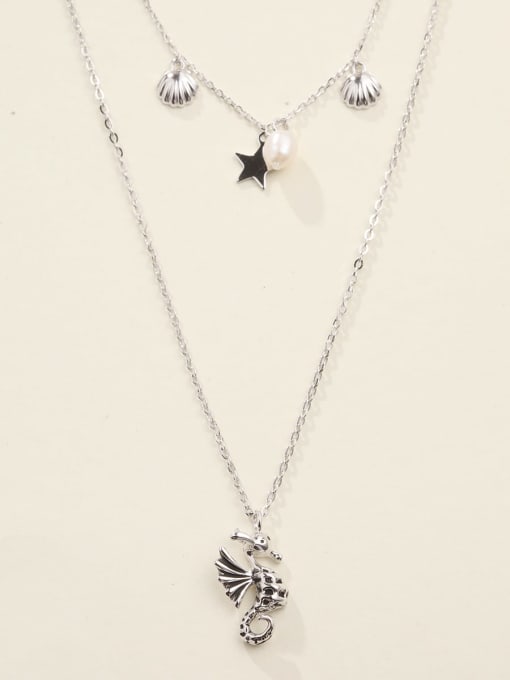 ANI VINNIE 925 Sterling Silver Imitation Pearl White Seahorse Minimalist Multi Strand Necklace 1