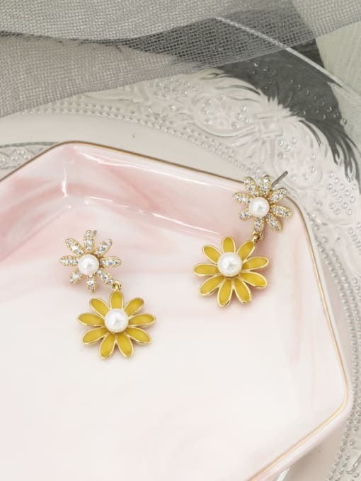 Golden yellow flower Brass Rhinestone White Enamel Flower Minimalist Drop Earring