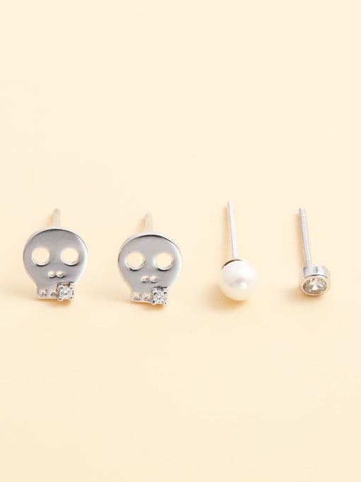 ANI VINNIE 925 Sterling Silver Imitation Pearl White Skull Statement Stud Earring 0
