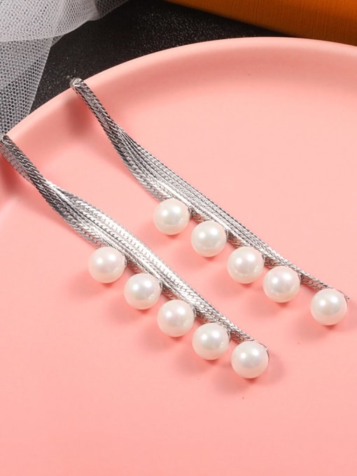 Lin Liang Brass Imitation Pearl White Tassel Minimalist Drop Earring 0