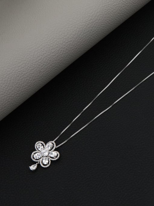 White Brass Cubic Zirconia White Flower Minimalist Long Strand Necklace