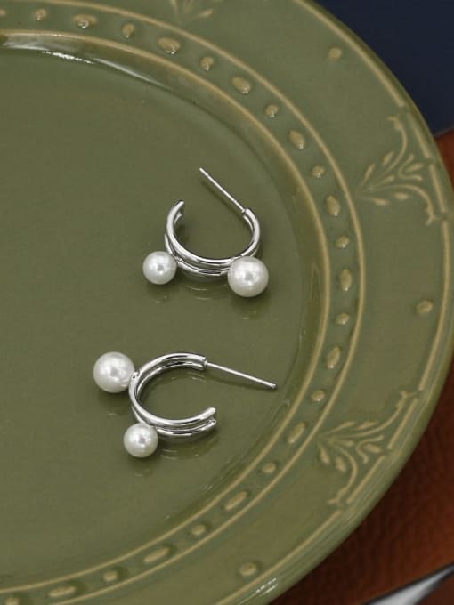 Lin Liang Brass Imitation Pearl White Geometric Minimalist Hook Earring 0