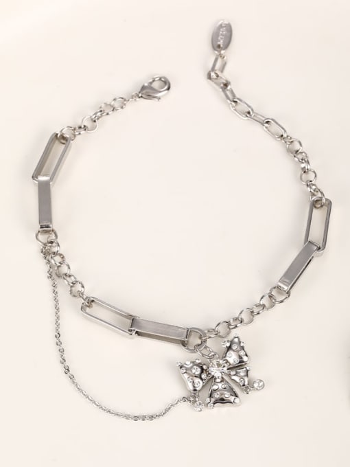 Silver Brass Rhinestone White Bowknot Dainty Adjustable Bracelet