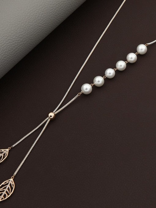 Rose Brass Imitation Pearl White Leaf Minimalist Long Strand Necklace