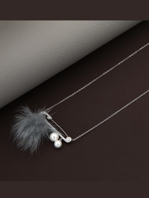 White Brass Imitation Pearl White Feather Minimalist Long Strand Necklace