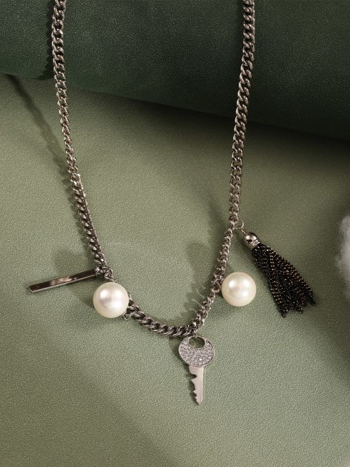Lin Liang Brass Imitation Pearl White Key Dainty Long Strand Necklace 1