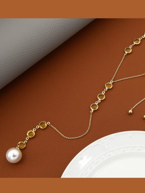Gold Brass Imitation Pearl White Geometric Minimalist Long Strand Necklace