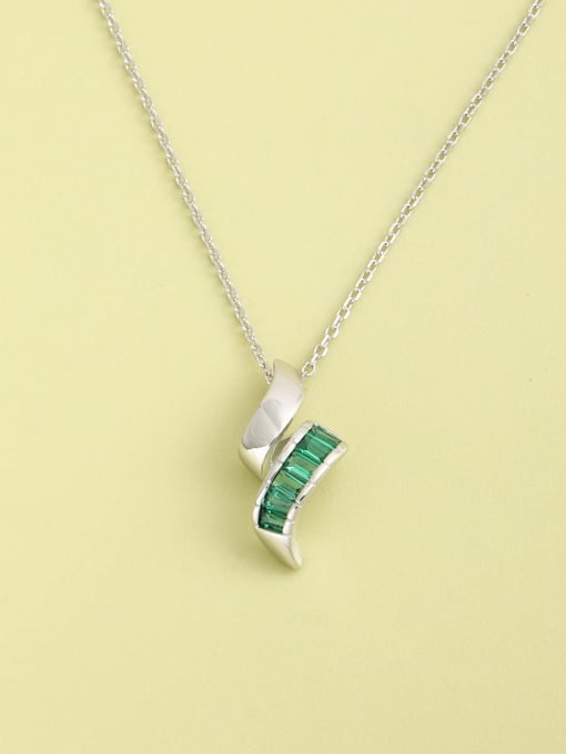 White 925 Sterling Silver Rhinestone Green Geometric Minimalist Long Strand Necklace