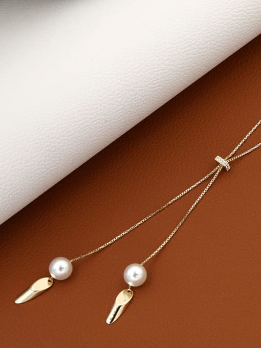Lin Liang Brass Imitation Pearl White Geometric Minimalist Long Strand Necklace 2