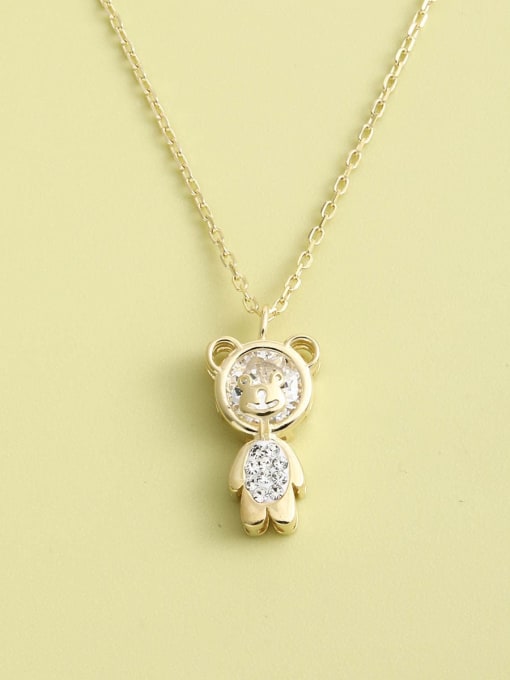 Gold 925 Sterling Silver Cubic Zirconia White Bear Minimalist Long Strand Necklace