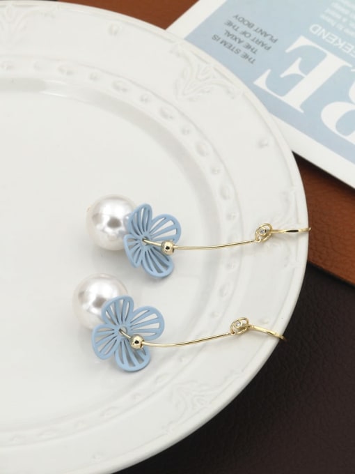 Golden Blue Flower Brass Imitation Pearl White Geometric Minimalist Drop Earring