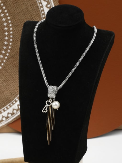 Lin Liang Brass Rhinestone White Tassel Minimalist Long Strand Necklace