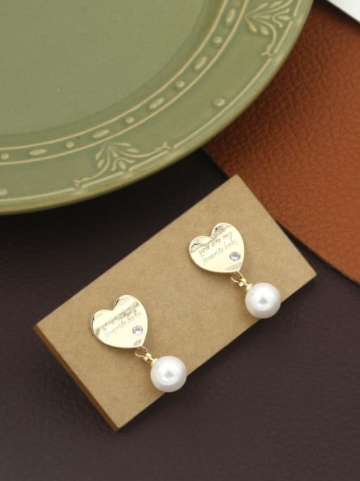Gold Brass Imitation Pearl White Heart Minimalist Drop Earring