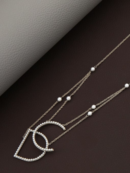 Lin Liang Brass Imitation Pearl White Letter Minimalist Long Strand Necklace 1