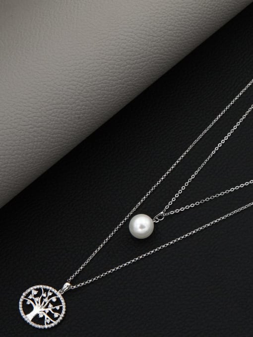 White Brass Imitation Pearl White Geometric Minimalist Long Strand Necklace