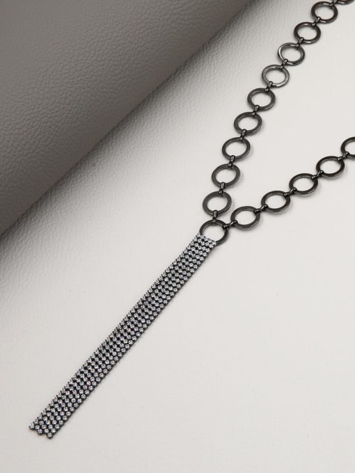 Black Brass Rhinestone White Tassel Minimalist Long Strand Necklace