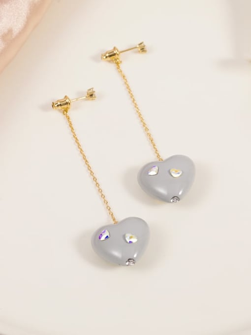 Gold Brass Crystal Multi Color Enamel Heart Minimalist Drop Earring