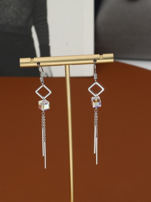 Lin Liang Brass Crystal White Tassel Minimalist Drop Earring 0