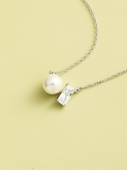 White 925 Sterling Silver Imitation Pearl White Rectangle Minimalist Long Strand Necklace