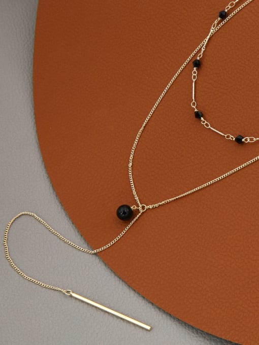 Gold Brass Crystal Black Geometric Minimalist Long Strand Necklace