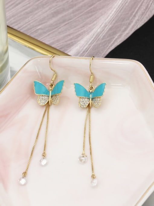 Golden Blue Butterfly Brass Rhinestone White Enamel Butterfly Classic Drop Earring
