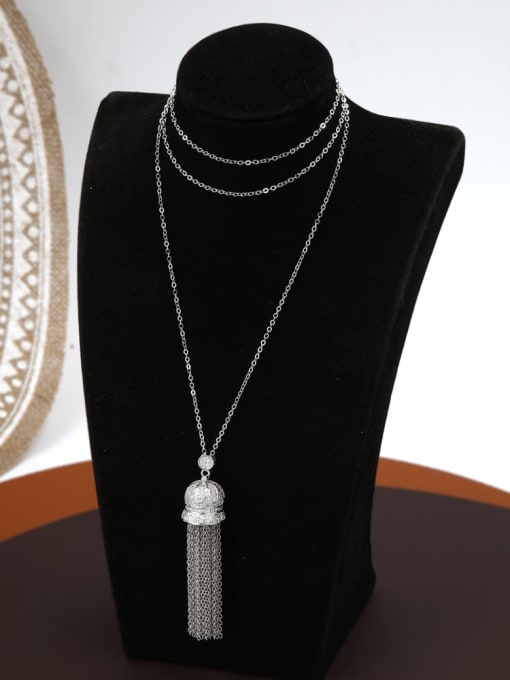 White Brass Rhinestone White Tassel Minimalist Long Strand Necklace