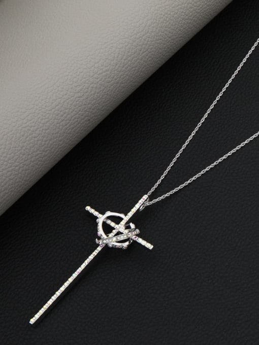 White Brass Rhinestone Brown Cross Minimalist Long Strand Necklace