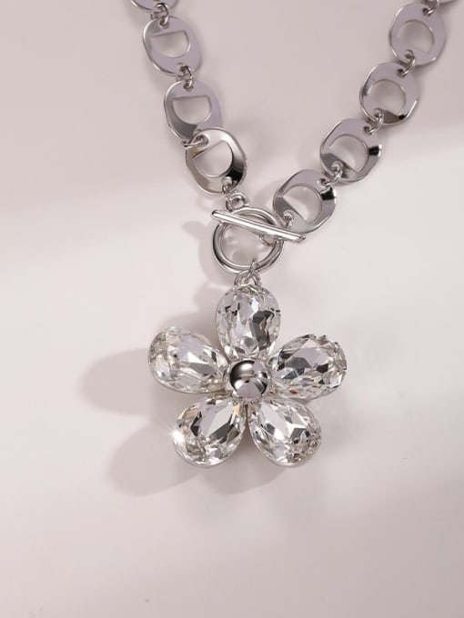 Silver Brass Cubic Zirconia White Flower Trend Long Strand Necklace