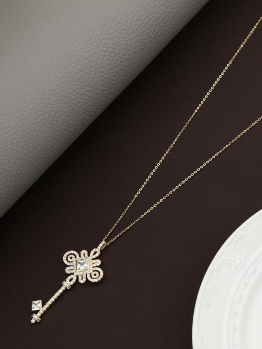 Gold Brass Cubic Zirconia White Key Minimalist Long Strand Necklace