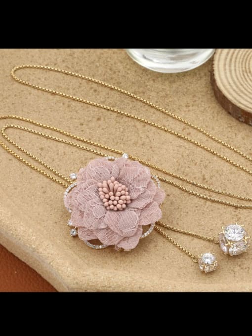 Golden pink flower Brass Cubic Zirconia White Flower Minimalist Long Strand Necklace