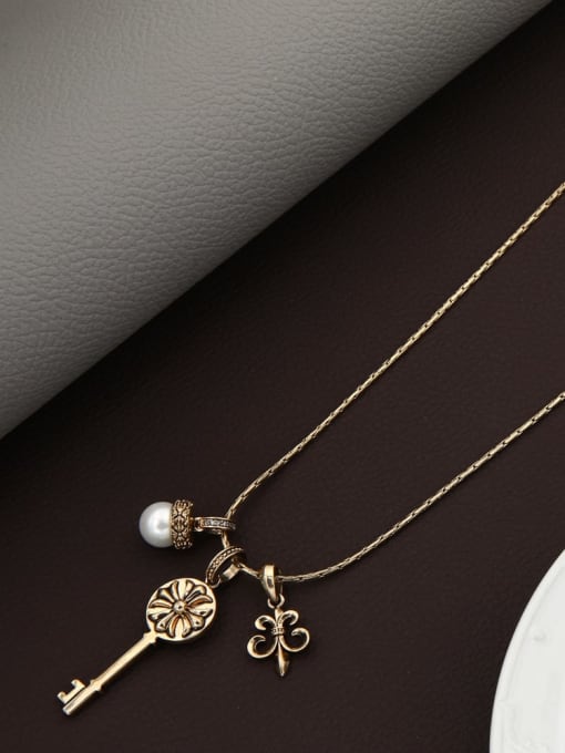 Lin Liang Brass Imitation Pearl White Key Minimalist Long Strand Necklace
