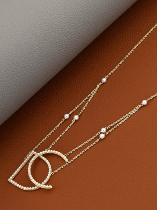 Gold Brass Imitation Pearl White Letter Minimalist Long Strand Necklace