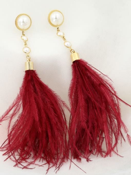 Gold Brass Imitation Pearl White Feather Classic Drop Earring
