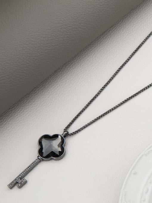 Black Brass Cubic Zirconia White Key Minimalist Long Strand Necklace