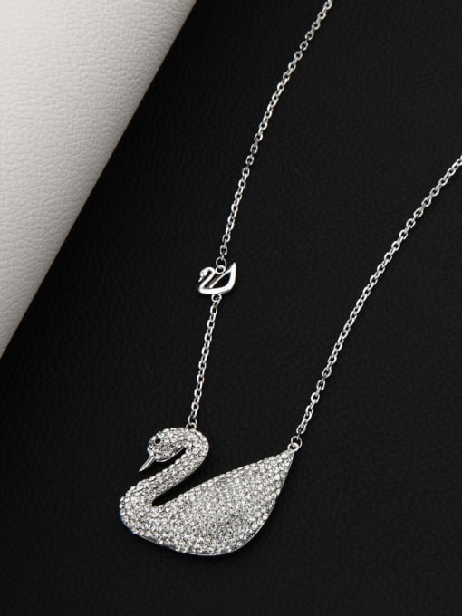 White Brass Rhinestone White Swan Minimalist Long Strand Necklace