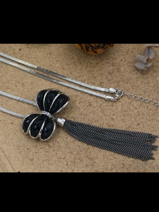 Lin Liang Brass Glass Stone Black Tassel Minimalist Long Strand Necklace 1