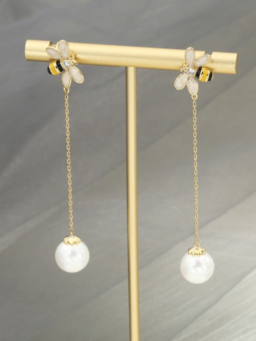 Lin Liang Brass Imitation Pearl White Tassel Classic Drop Earring 1